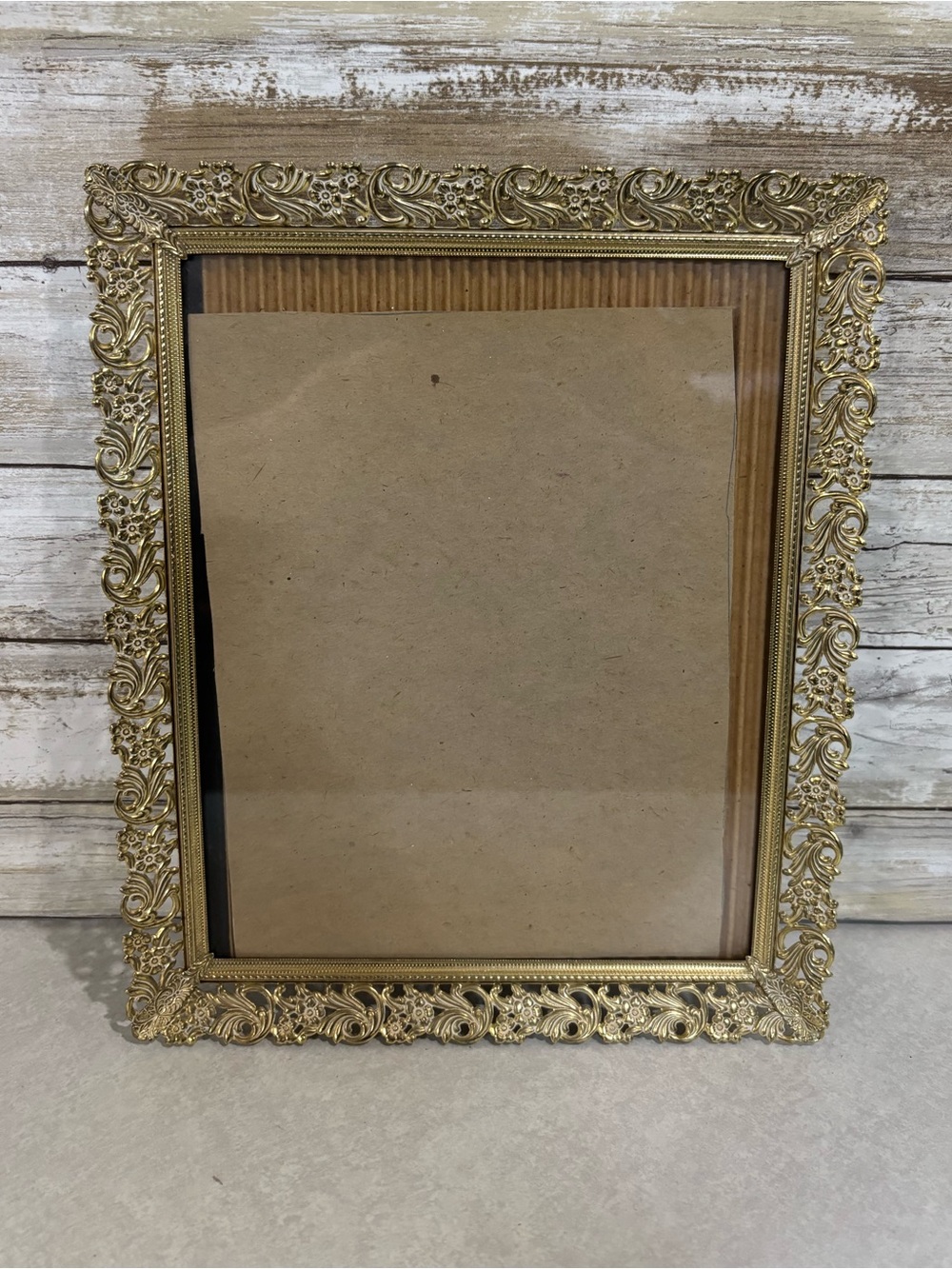 Vintage gold toned metal ornate floral filgree frame